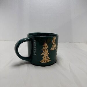 Starbucks Coffee Mug  14oz Green 2015 Holiday Gold Christmas Trees Ceramic